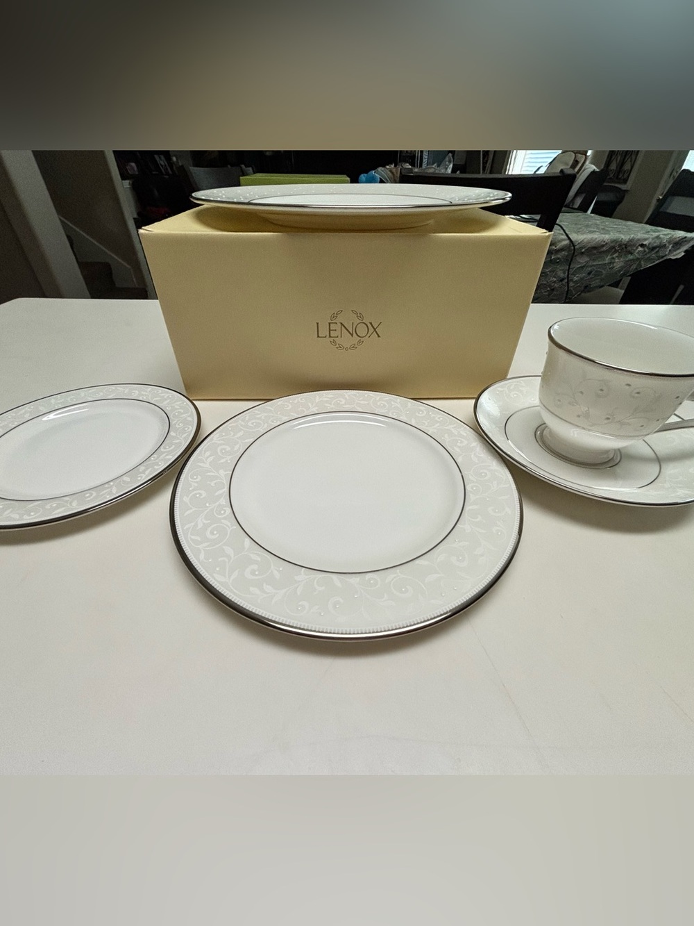 Lenox Opal Innocence 5 piece set: Ivory Plates with Silver Trim and Scroll Motif